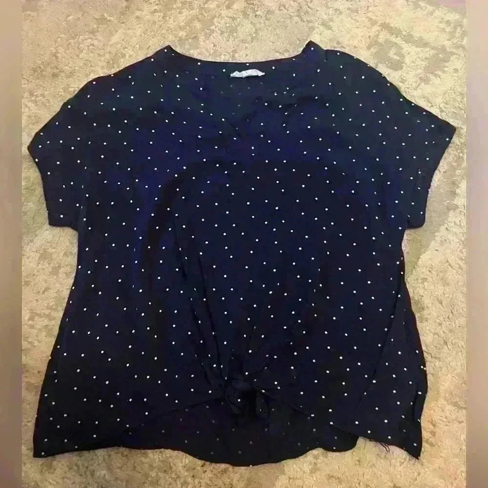 Navy Tie Top in Polka Dot. Large.